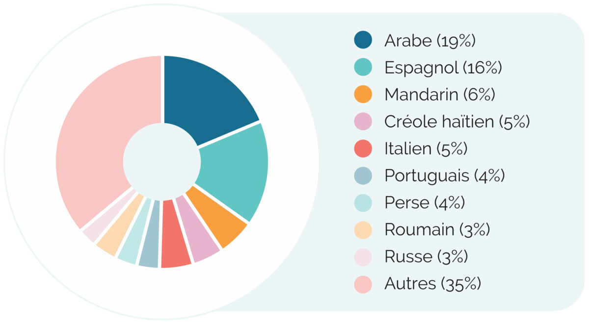 Arabe (19%) ; Espagnol (16%) ; Mandarin (6%) ; Cr&eacute;ole ha&iuml;tien (5%) ; Italien (5%) ; Portuguais (4%) ; Perse (4%) ; Roumain (3%) ; Russe (3%) ; Autres (35%)